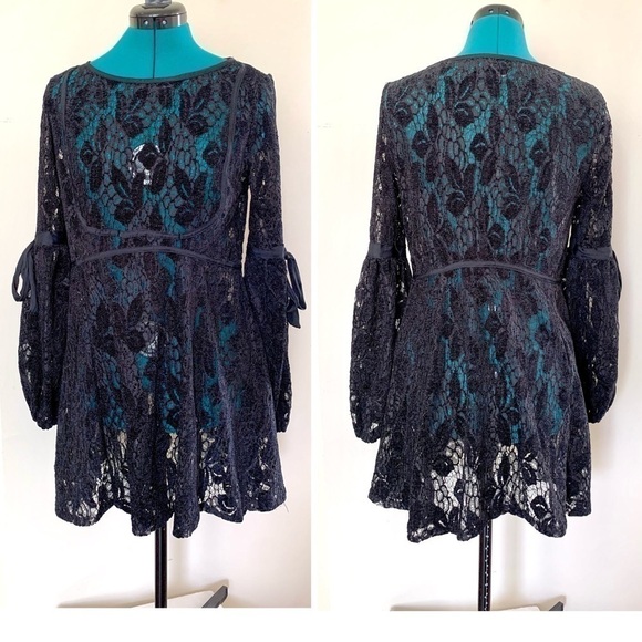 Free People Black lace mini dress flowy boho gothic Victorian party Xsmall-med - Picture 1 of 11